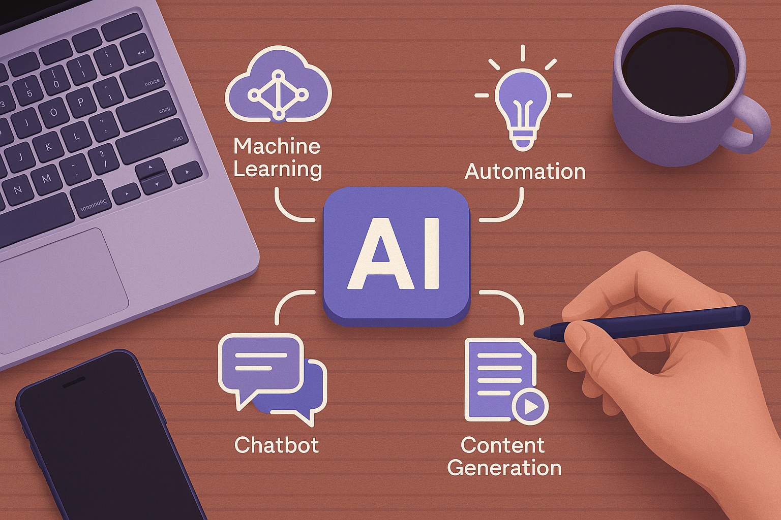 Visuel illustrant les services IA comme l’automatisation, les chatbots, la génération de contenu et le machine learning