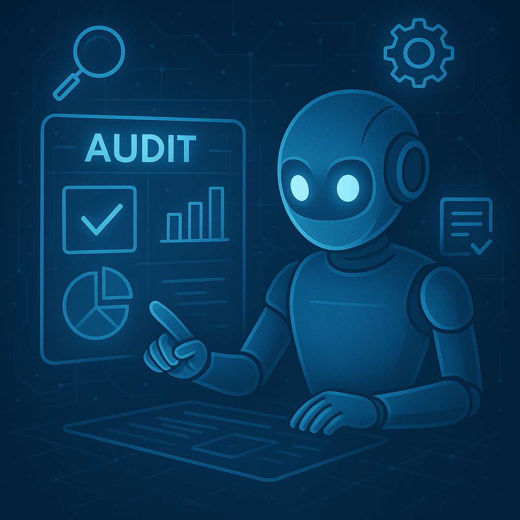 Robot IA réalisant un audit automatisé à l’aide d’une interface digitale avec graphiques et rapports.