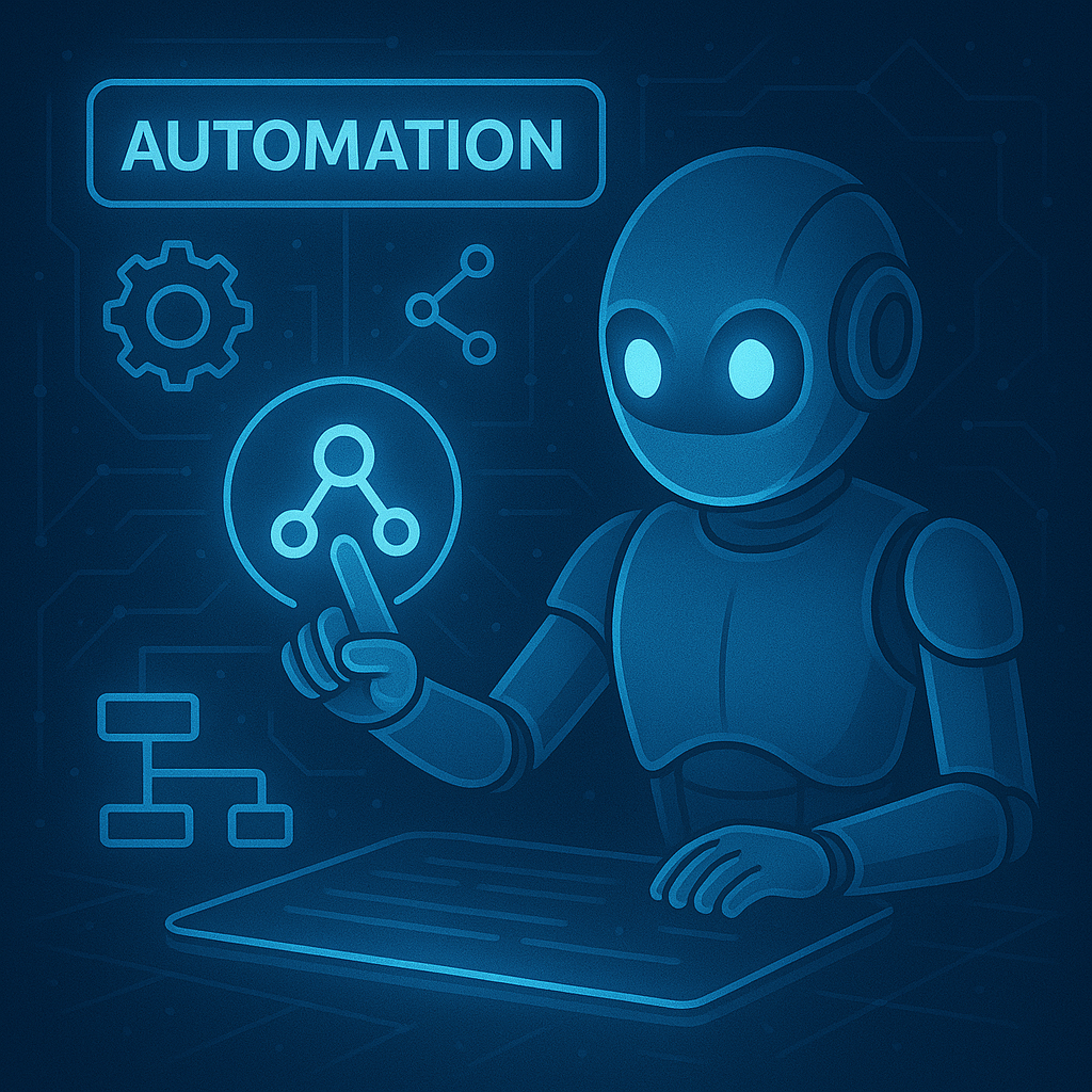 Robot IA créant une automatisation à l’aide d’une interface holographique représentant des modules et des connexions.