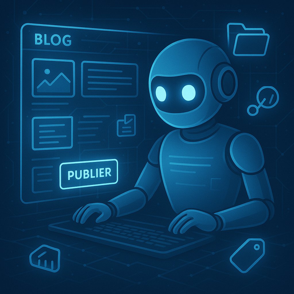 Robot IA en train de gérer la publication d’articles sur un blog via une interface holographique.
