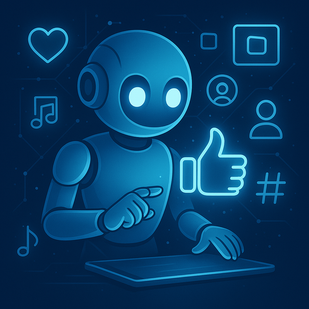 Robot IA interagissant avec des icônes de réseaux sociaux sur une interface digitale futuriste.