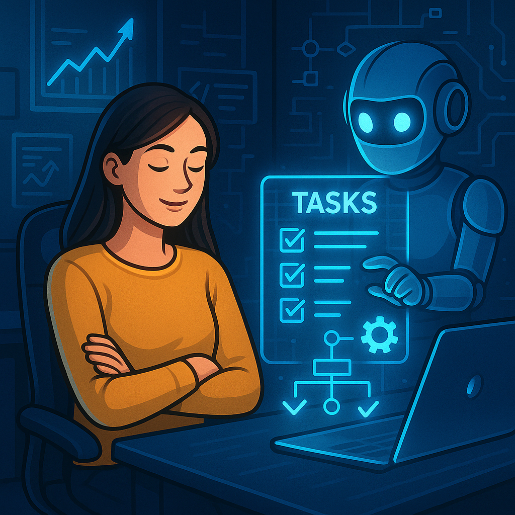 Robot IA accomplissant des tâches pendant que la cliente, détendue, se concentre sur d’autres aspects de son entreprise.